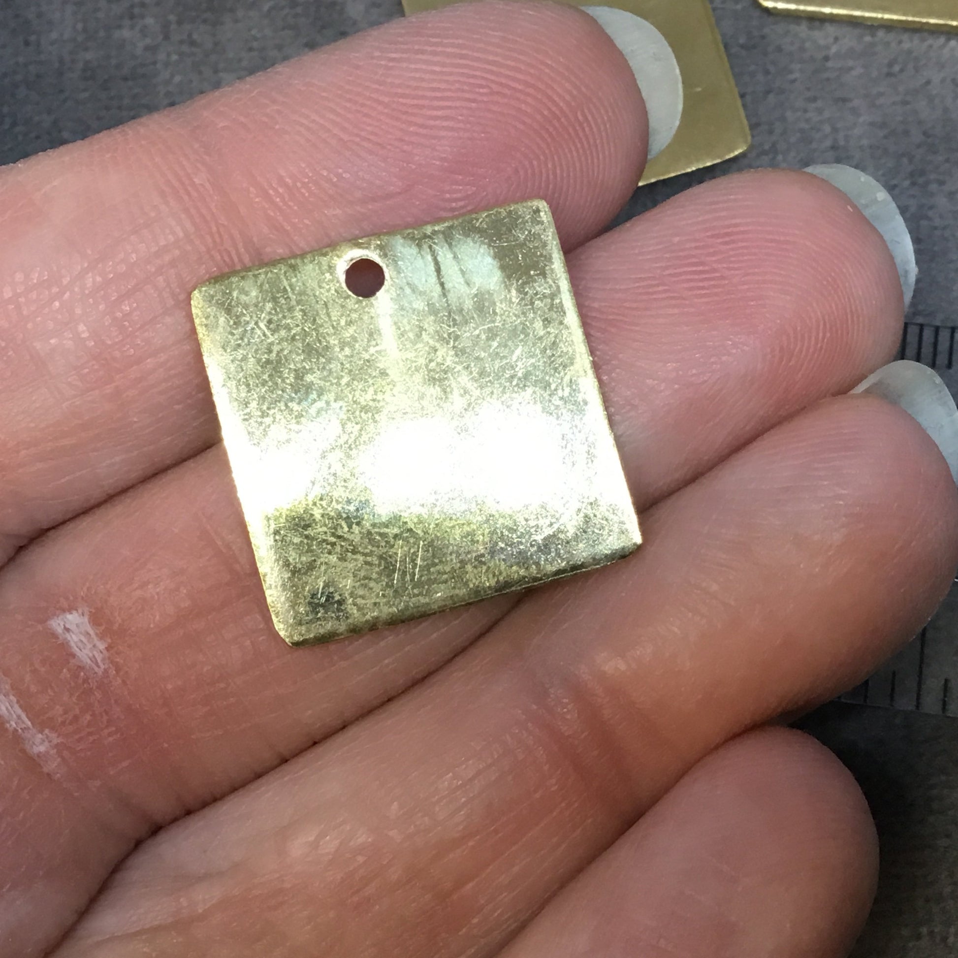 21mm x 21mm Gold Plated Brass Rustic Handmade Square Blank Pendant/Charm with One 1.5mm Drilled Hole - Hand-Cut, Sold Individually