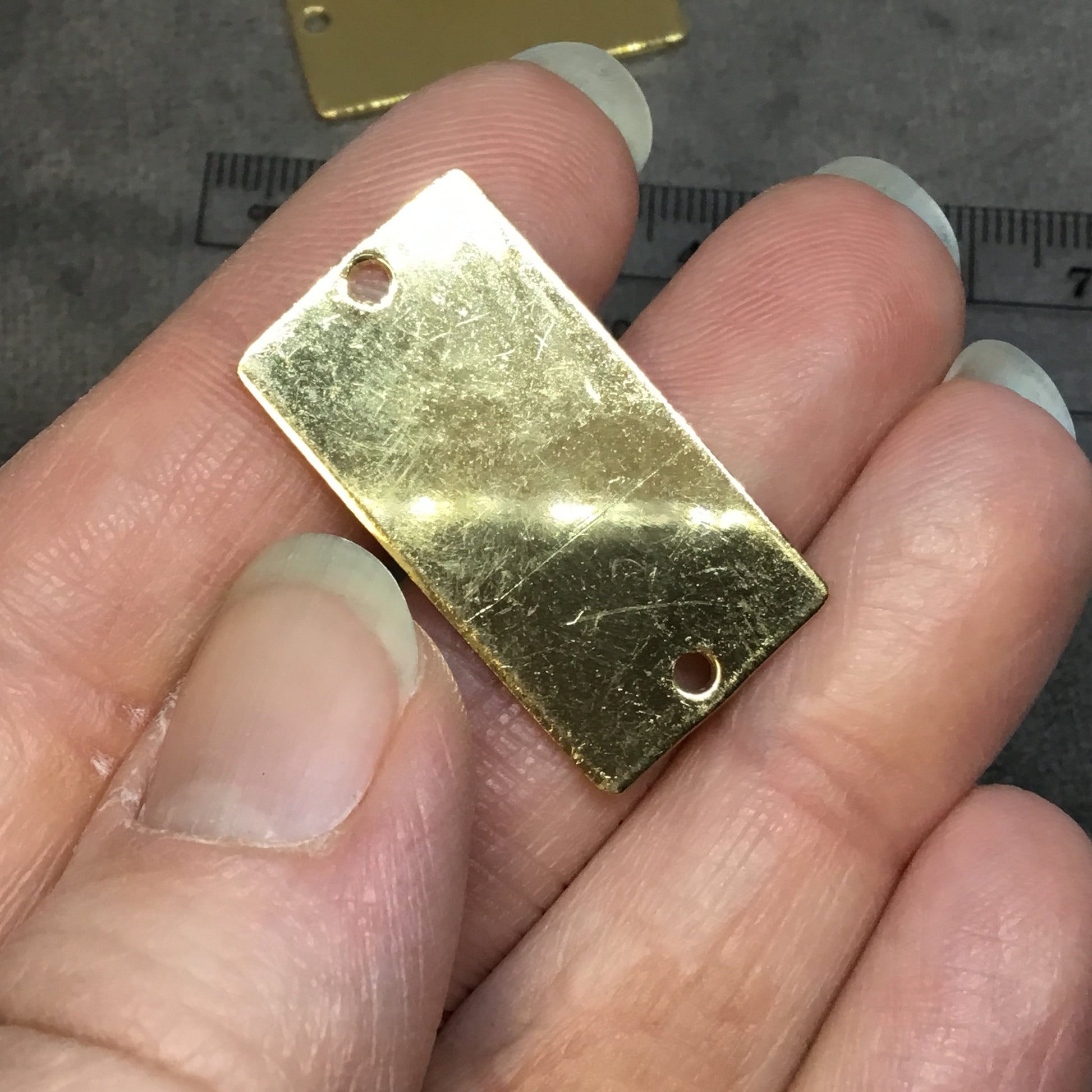 17mm x 32mm Gold Plated Brass Rustic Handmade Bar/Rectangle Blank Connector with Two 1.5mm Drilled Holes - Hand-Cut, Sold Individually