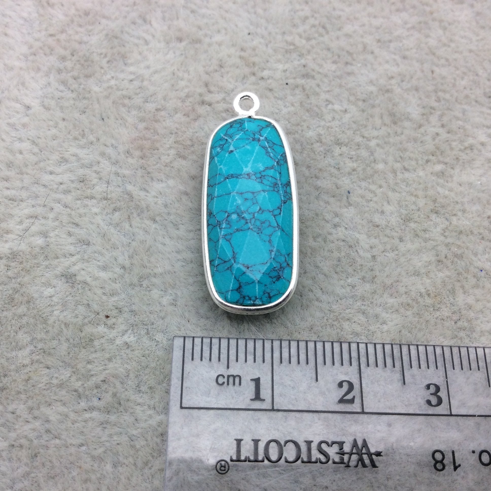 Sterling Silver Faceted Dyed Veined Turquoise Howlite Round Rectangle Shaped Bezel Pendant - Measuring 10mm x 25mm - Sold Individually