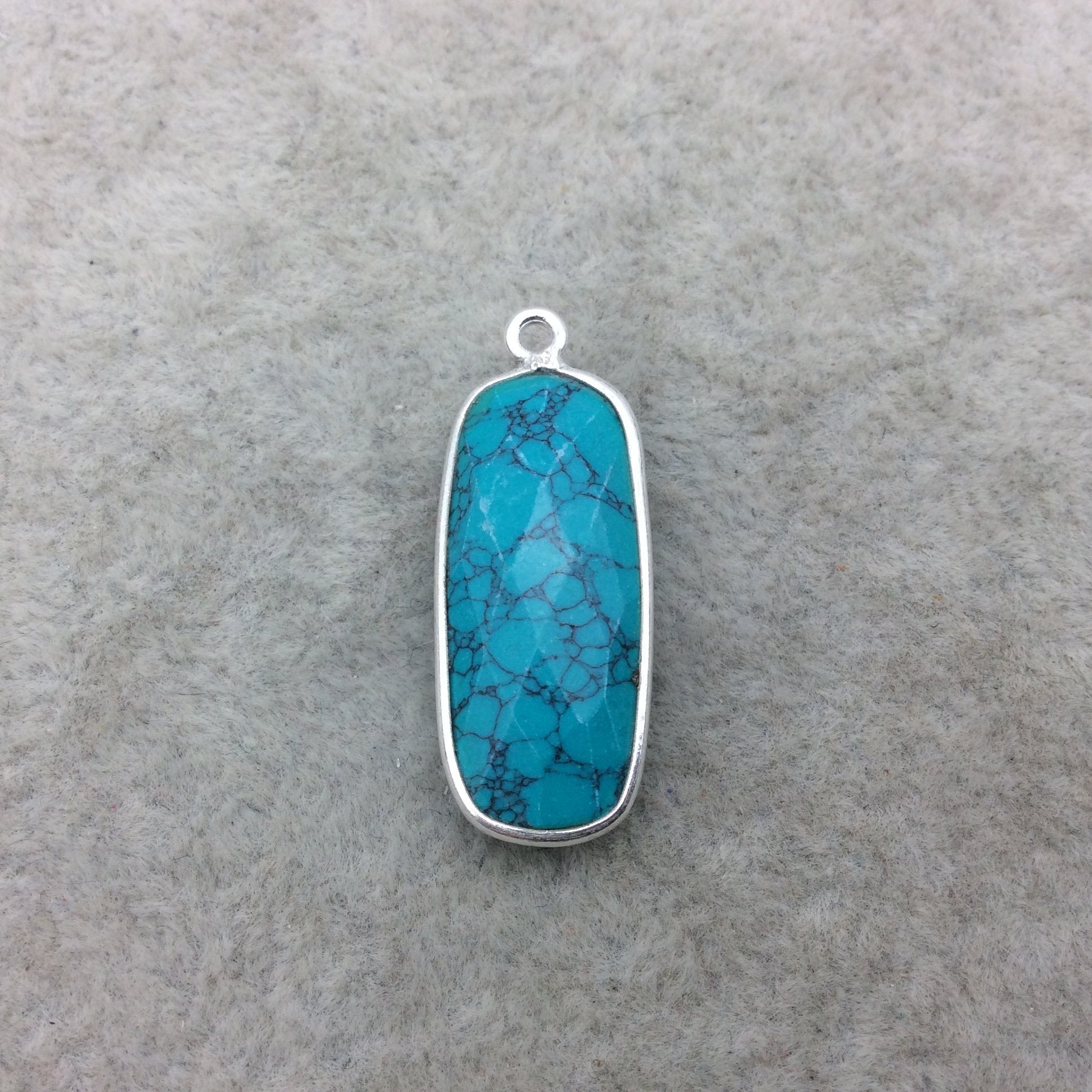 Sterling Silver Faceted Dyed Veined Turquoise Howlite Round Rectangle Shaped Bezel Pendant - Measuring 10mm x 25mm - Sold Individually