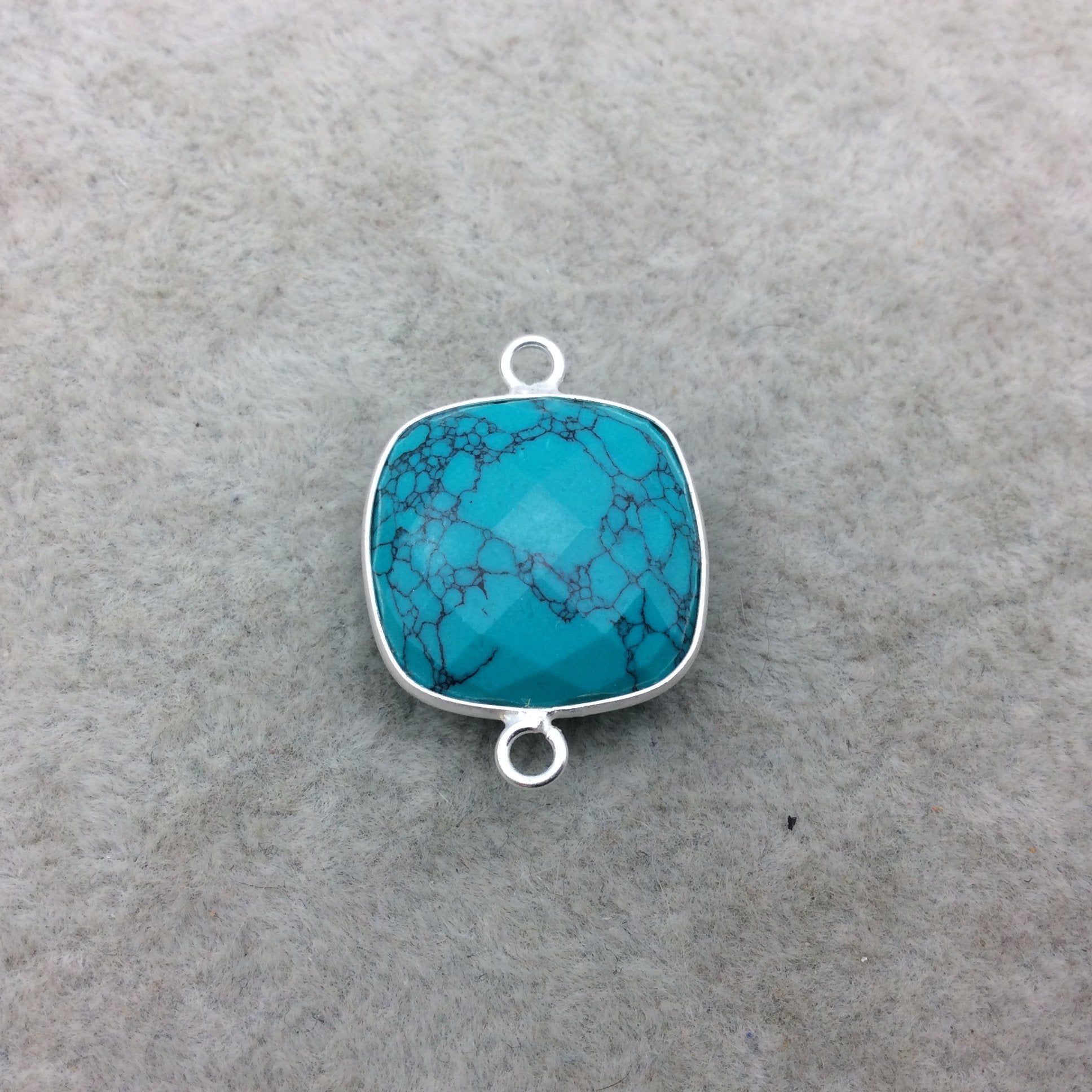 Sterling Silver Faceted Dyed Veined Turquoise Howlite Square Shaped Bezel Connector - Measuring 18mm x 18mm - Sold Individually