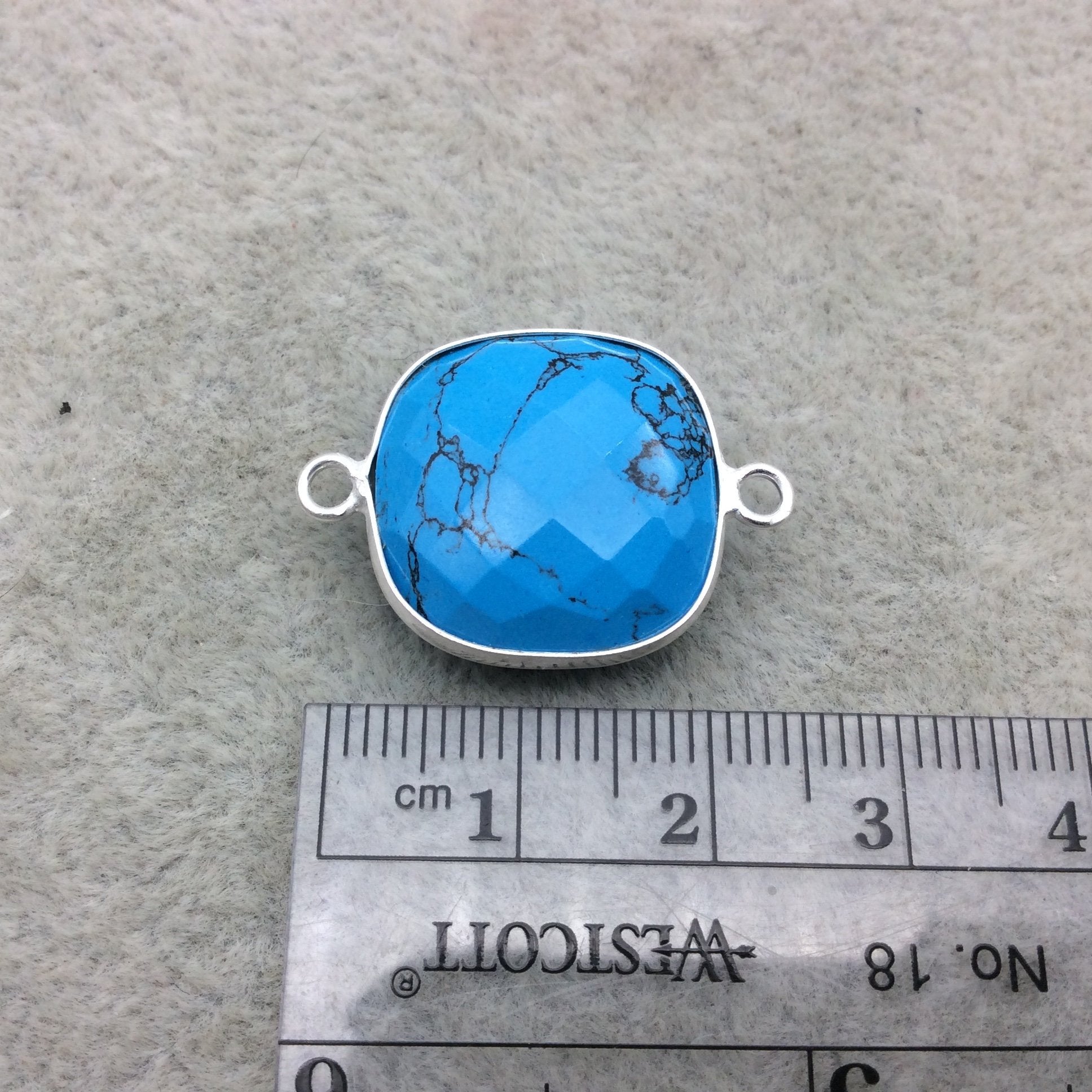 Sterling Silver Faceted Dyed Veined Blue Howlite Square Shaped Bezel Connector - Measuring 18mm x 18mm - Sold Individually