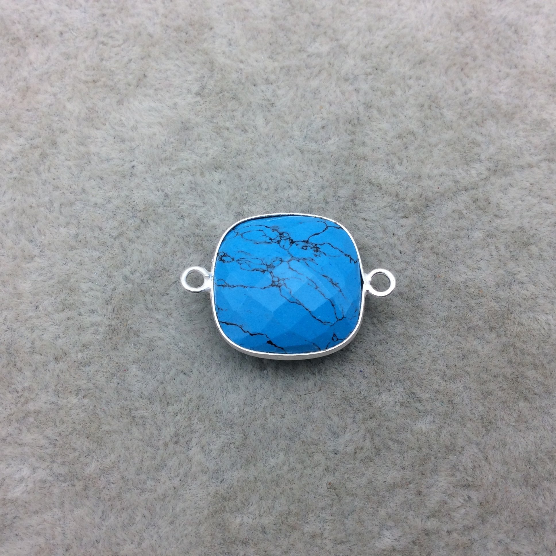 Sterling Silver Faceted Dyed Veined Blue Howlite Square Shaped Bezel Connector - Measuring 18mm x 18mm - Sold Individually
