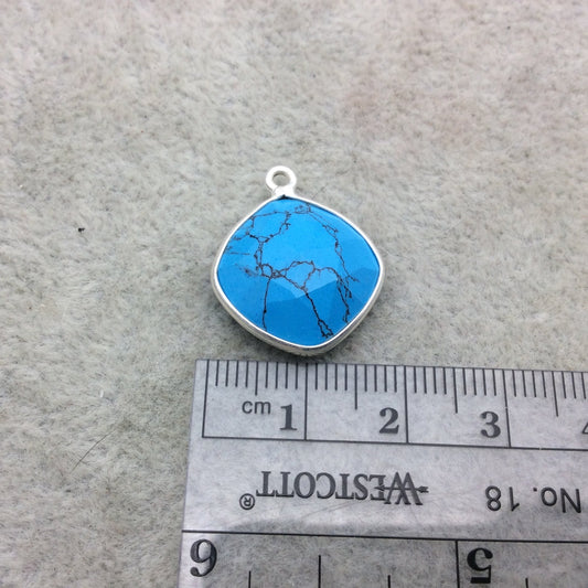 Sterling Silver Faceted Flat Back Dyed Veined Blue Howlite Diamond Shaped Bezel Pendant - Measuring 15mm x 15mm - Sold Individually