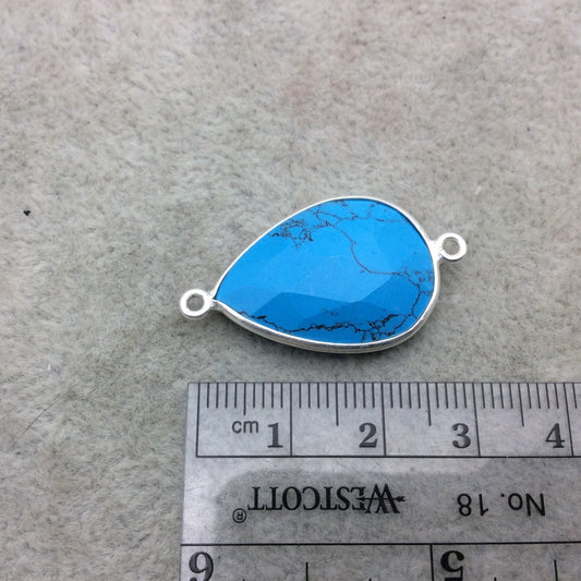 Sterling Silver Faceted Flat Back Dyed Veined Blue Howlite Teardrop Shaped Bezel Connector - Measuring 18mm x 25mm - Sold Individually