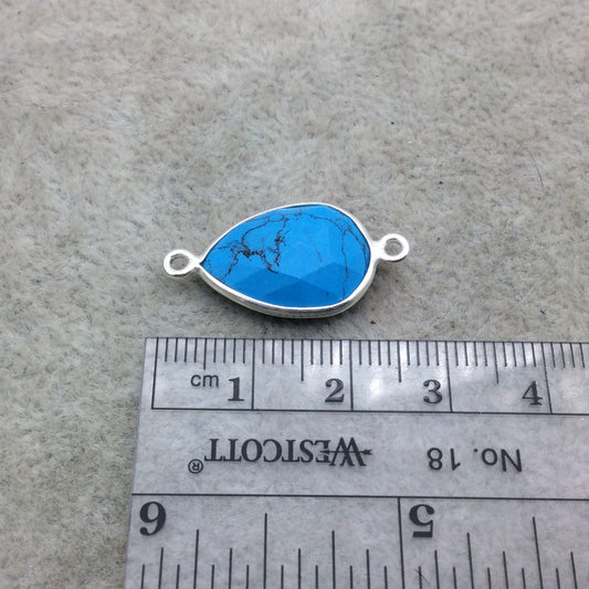Sterling Silver Faceted Flat Back Dyed Veined Blue Howlite Teardrop Shaped Bezel Connector - Measuring 12mm x 18mm - Sold Individually