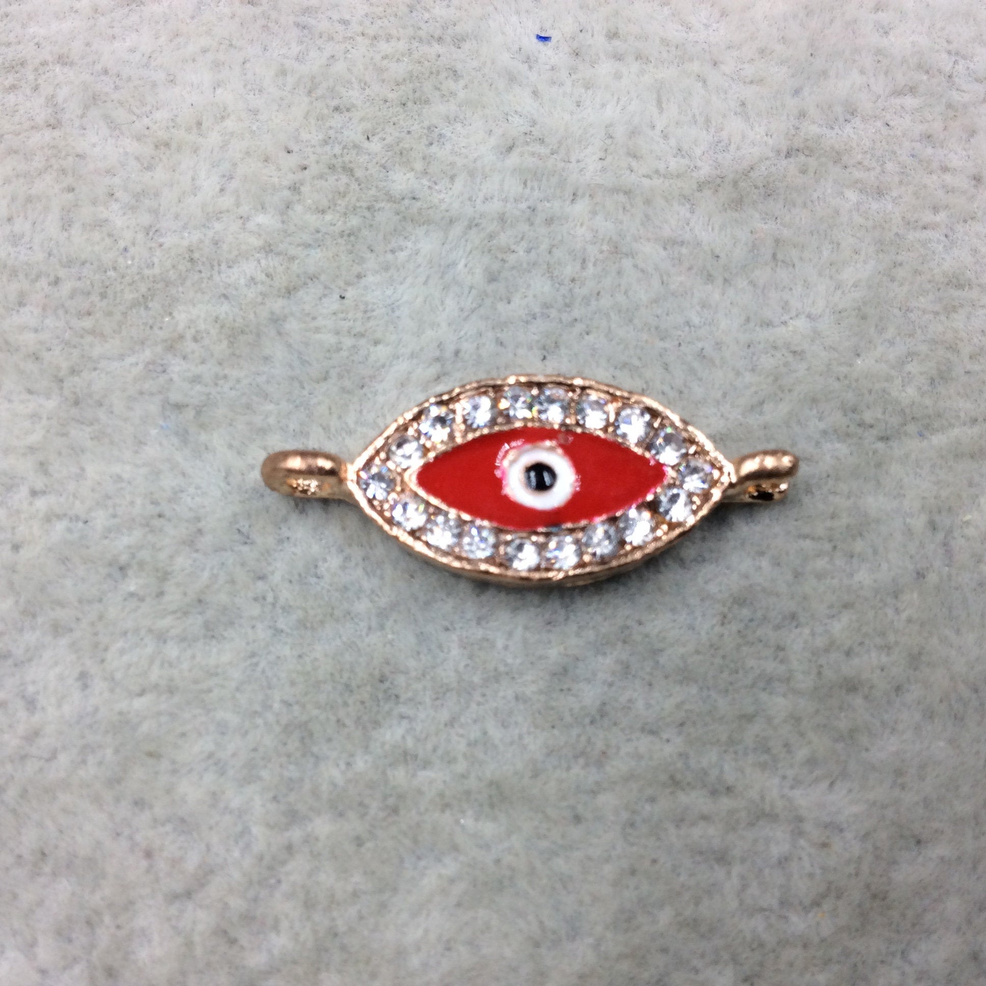 Small Red Enameled Rose Gold Plated Copper Rhinestone Inlaid Evil Eye Shaped Focal Connector - Measuring 10mm x 18mm, Approximately