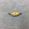 Small Yellow Enameled Rose Gold Plated Copper Rhinestone Inlaid Evil Eye Shaped Focal Connector - Measuring 10mm x 18mm, Approximately