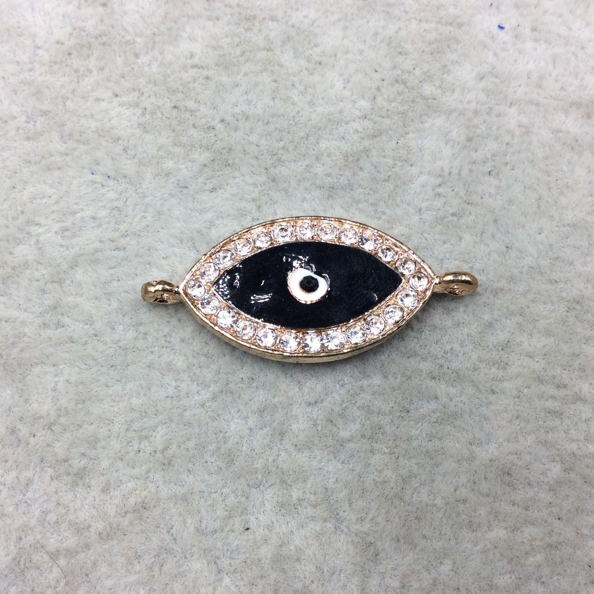 Medium Black Enameled Rose Gold Plated Copper Rhinestone Inlaid Evil Eye Shaped Focal Connector - Measuring 15mm x 25mm, Approximately