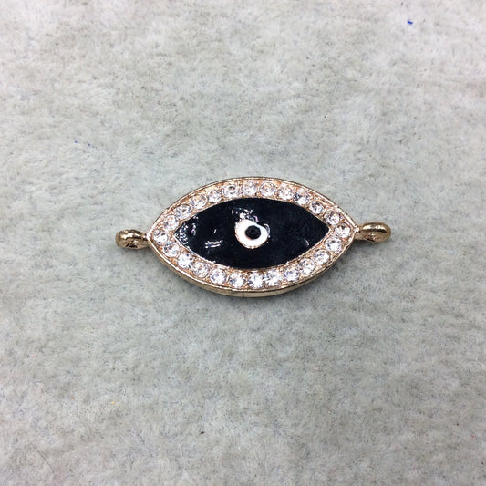 Medium Black Enameled Rose Gold Plated Copper Rhinestone Inlaid Evil Eye Shaped Focal Connector - Measuring 15mm x 25mm, Approximately