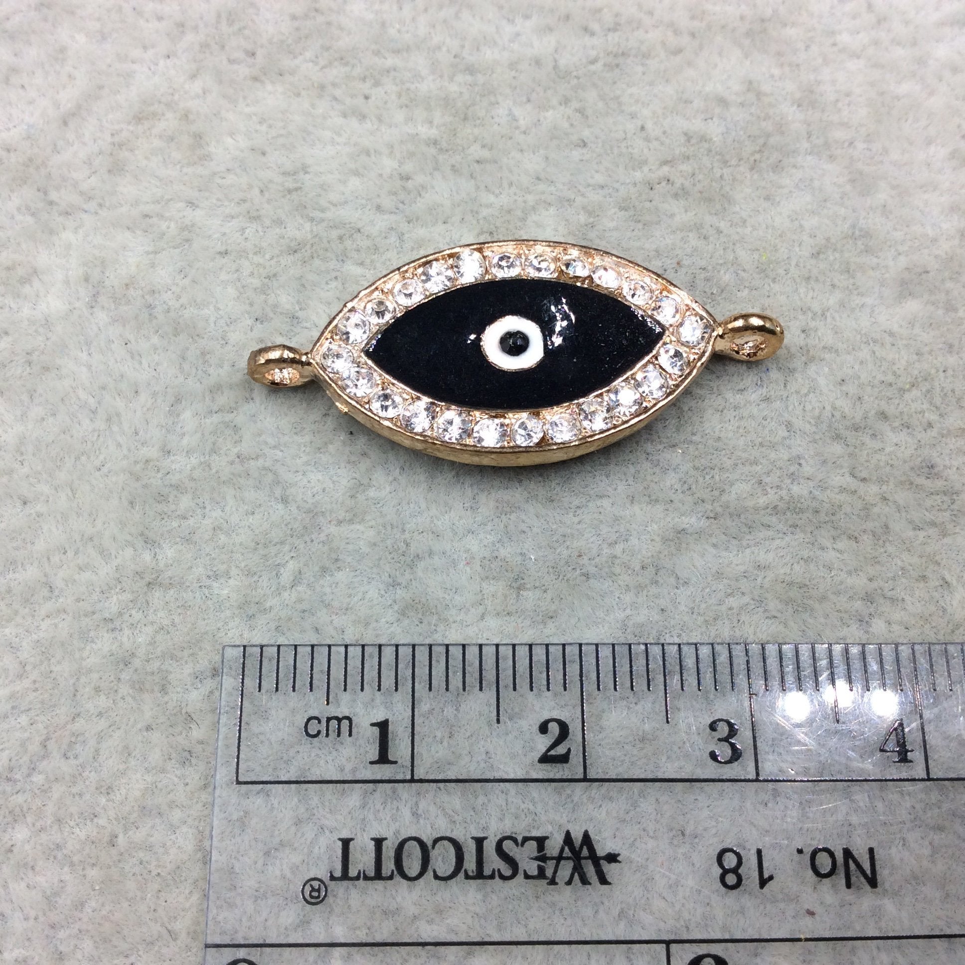 Medium Black Enameled Rose Gold Plated Copper Rhinestone Inlaid Evil Eye Shaped Focal Connector - Measuring 15mm x 25mm, Approximately