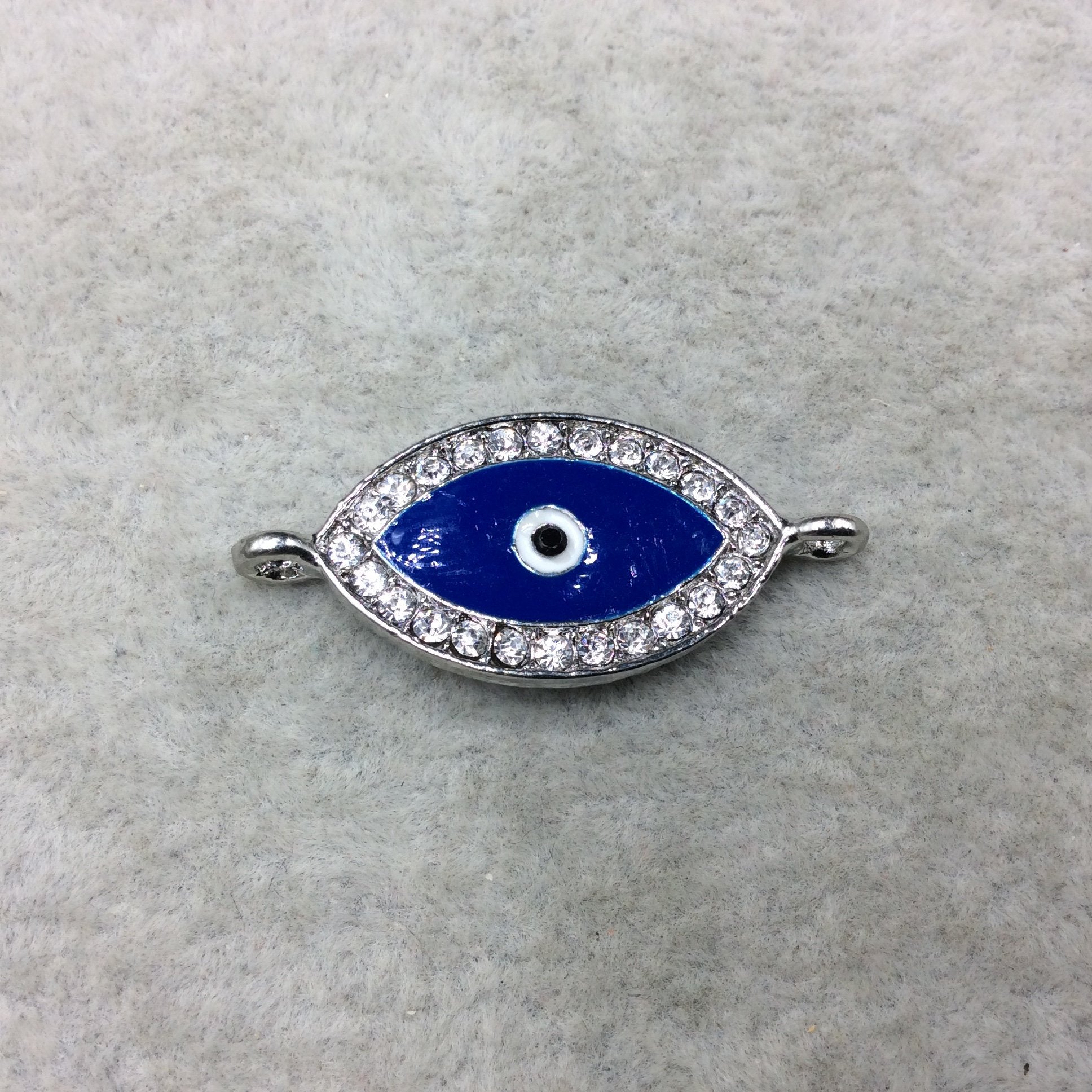 Medium Blue Enameled Silver Plated Copper Rhinestone Inlaid Evil Eye Shaped Focal Connector - Measuring 15mm x 25mm, Approximately