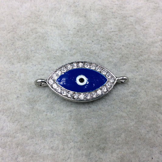 Medium Blue Enameled Silver Plated Copper Rhinestone Inlaid Evil Eye Shaped Focal Connector - Measuring 15mm x 25mm, Approximately