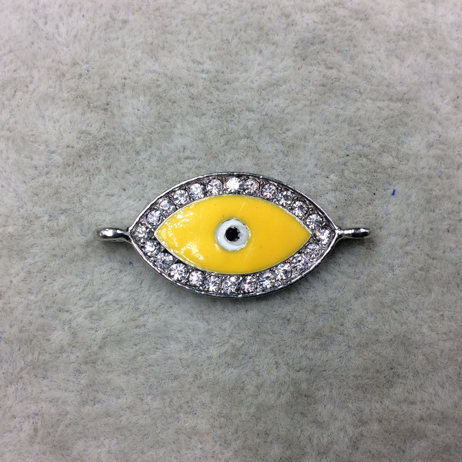 Medium Yellow Enameled Silver Plated Copper Rhinestone Inlaid Evil Eye Shaped Focal Connector - Measuring 15mm x 25mm, Approximately
