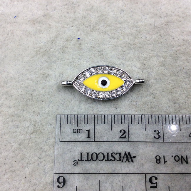 Small Yellow Enameled Silver Plated Copper Rhinestone Inlaid Evil Eye Shaped Focal Connector - Measuring 10mm x 18mm, Approximately