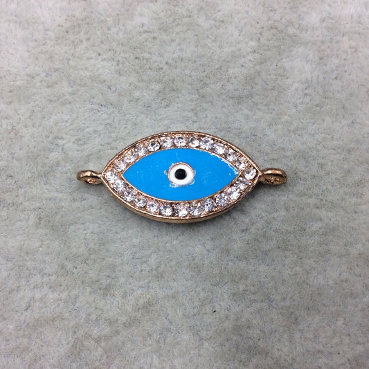 Medium Sky Blue Enameled Rose Gold Plated Copper Rhinestone Inlaid Evil Eye Shaped Focal Connector - Measuring 15mm x 25mm, Approximately