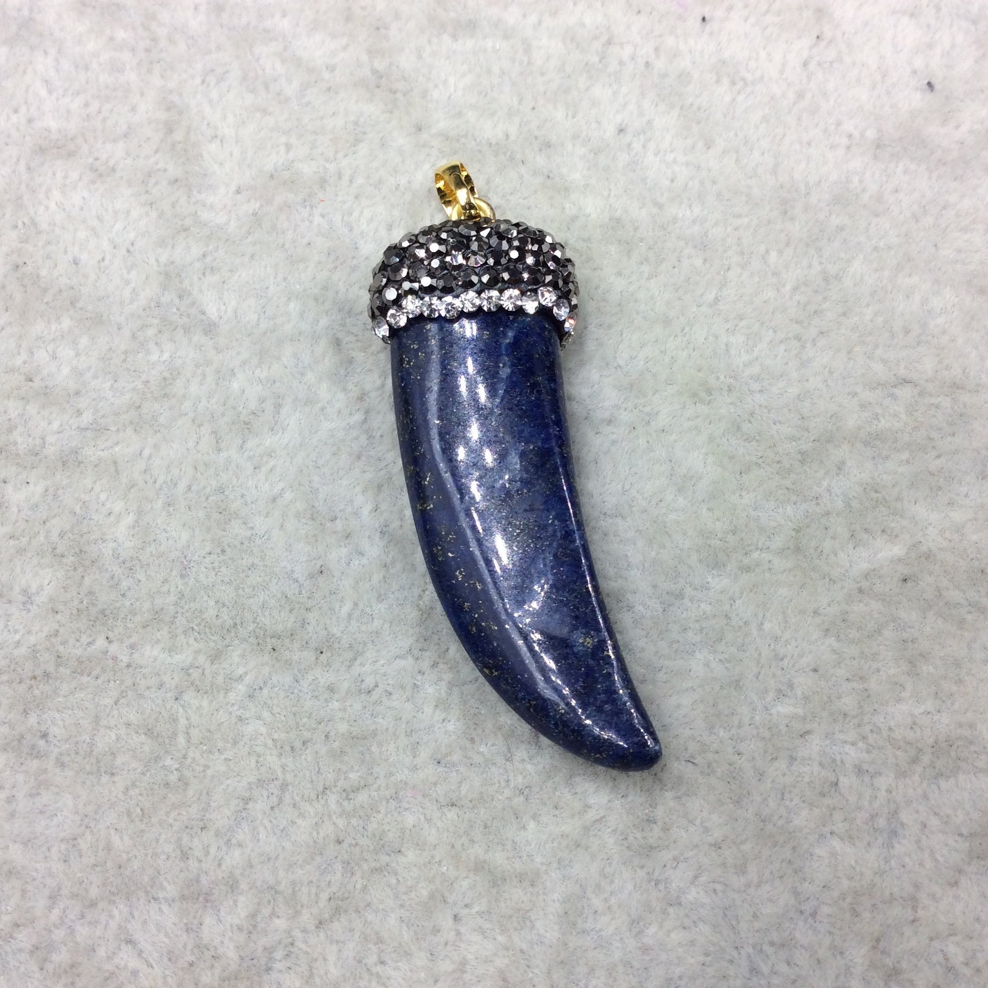 Rhinestone Encrusted Tusk/Claw Shaped Mottled Blue/Black Lapis Lazuli Pendant W Gold Bail -  ~ 19mm x 43mm, Approx. - Sold Individually