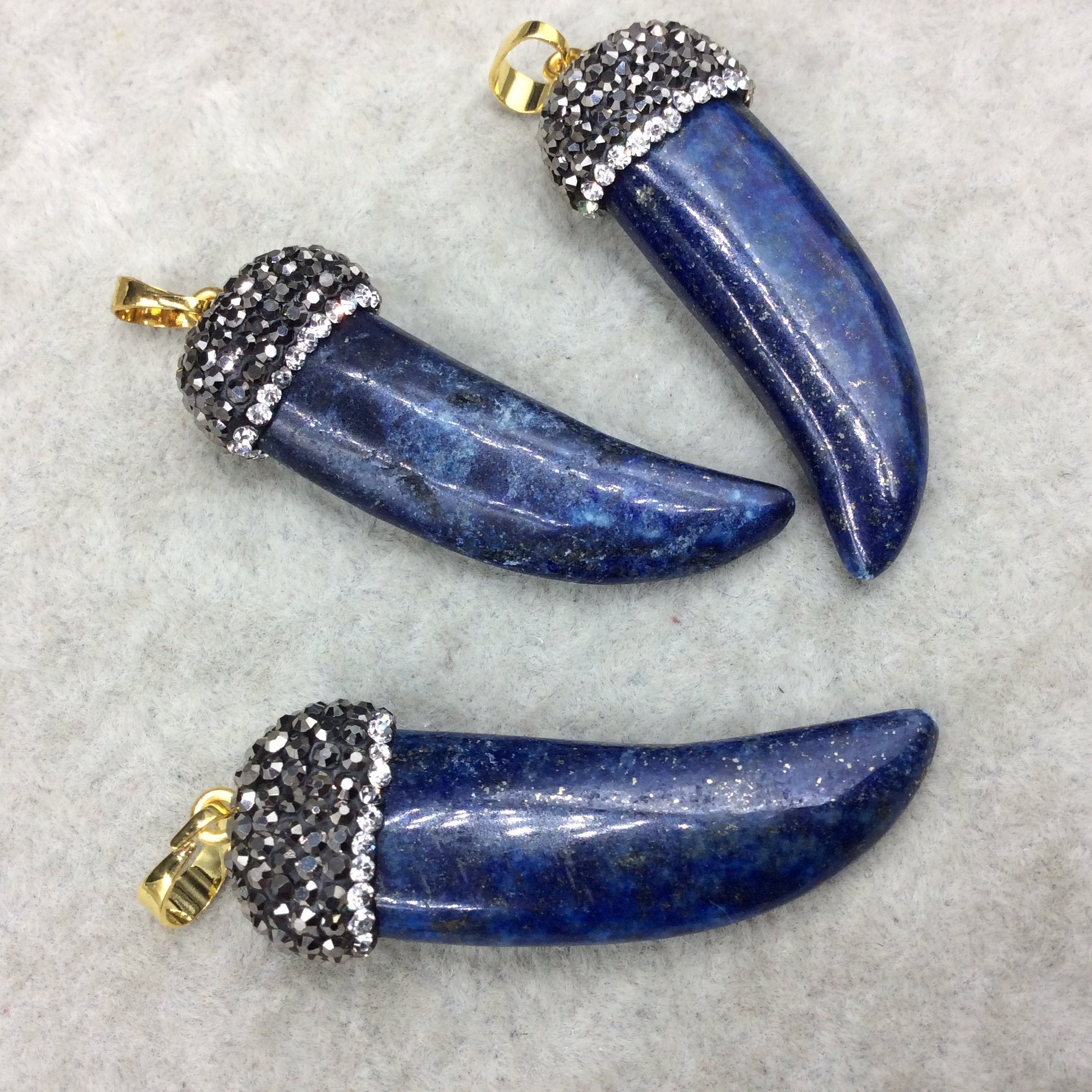 Rhinestone Encrusted Tusk/Claw Shaped Mottled Blue/Black Lapis Lazuli Pendant W Gold Bail -  ~ 19mm x 43mm, Approx. - Sold Individually