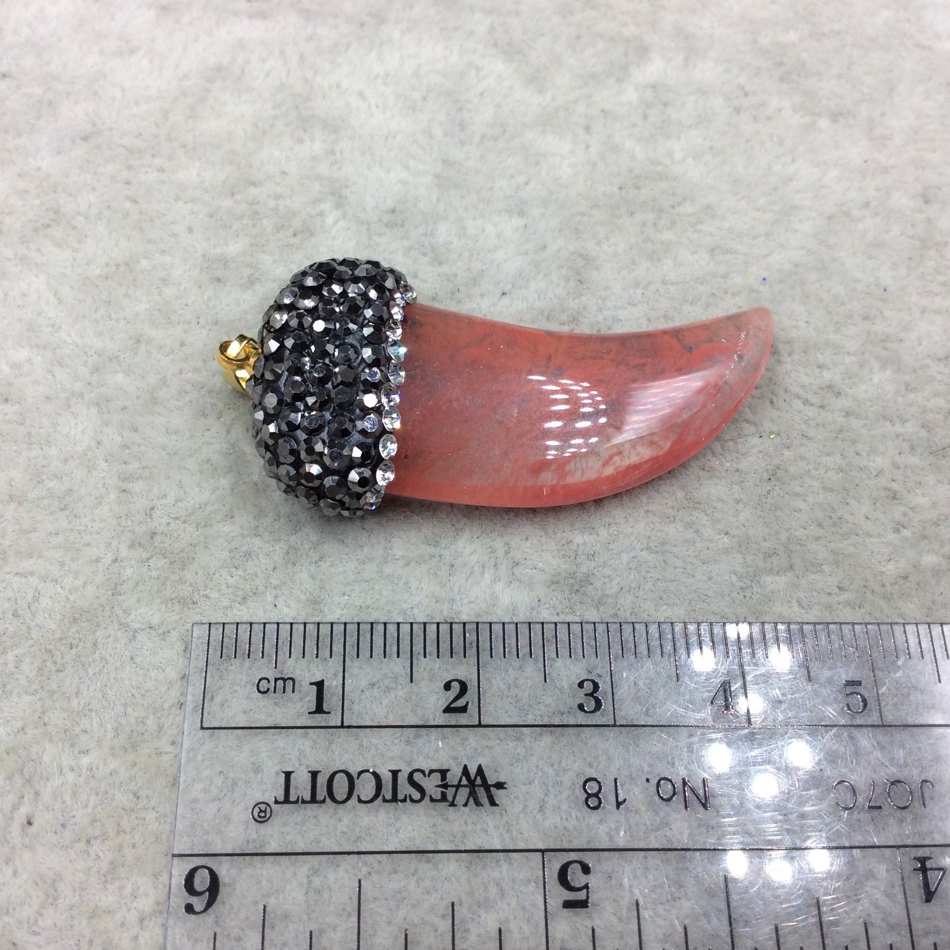 Rhinestone Encrusted Tusk/Claw Shaped Mottled Pink/Clear Strawberry Quartz Pendant W Gold Bail  ~ 19mm x 43mm, Approx. - Sold Individually