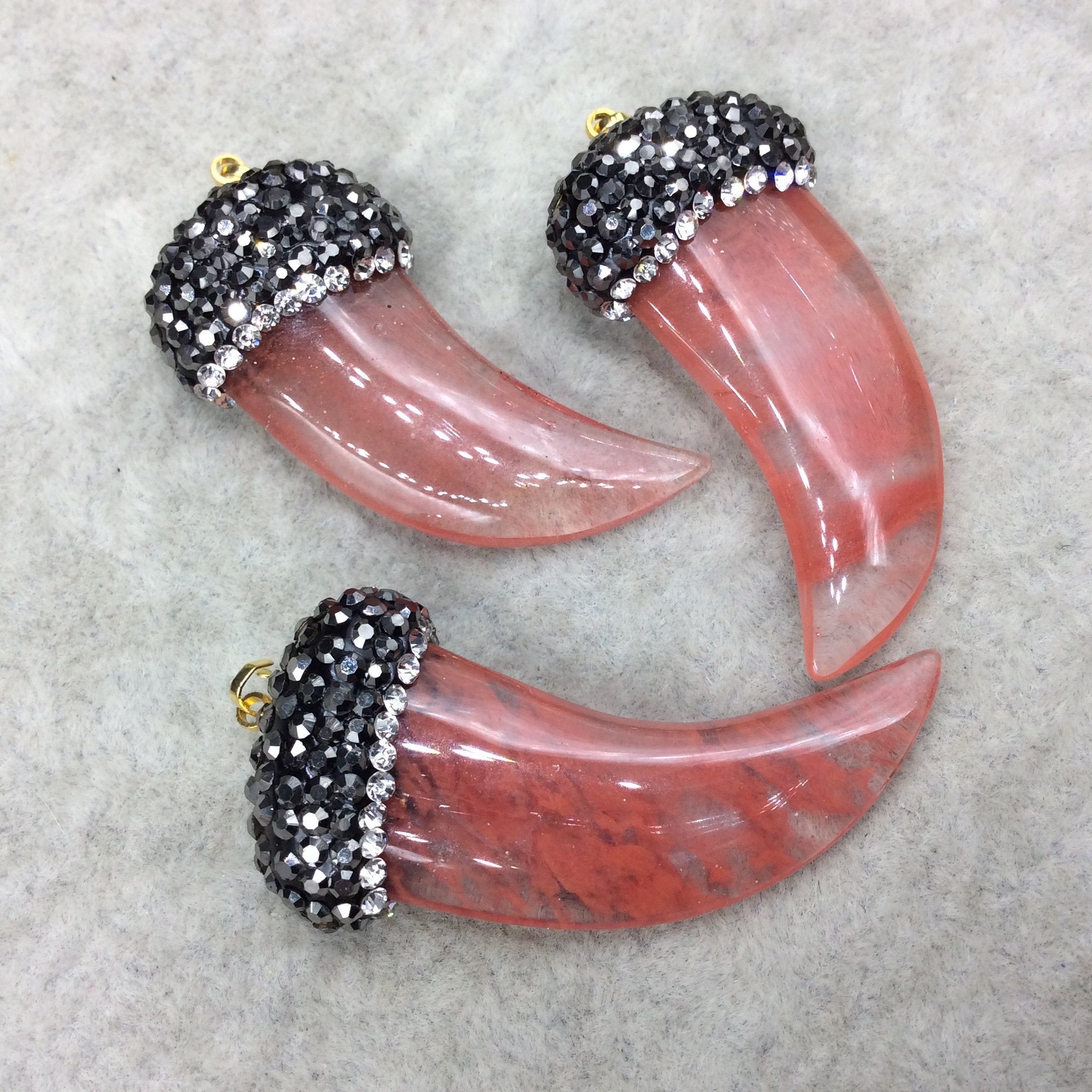Rhinestone Encrusted Tusk/Claw Shaped Mottled Pink/Clear Strawberry Quartz Pendant W Gold Bail  ~ 19mm x 43mm, Approx. - Sold Individually