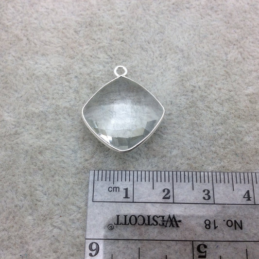 Sterling Silver Faceted Clear (Lab Created) Quartz Diamond Shaped Bezel Pendant - Measuring 18mm x 18mm - Sold Individually