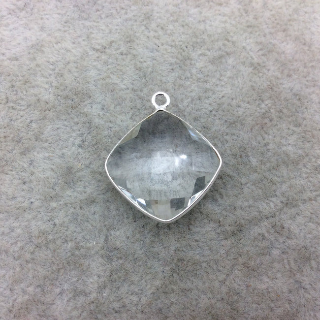 Sterling Silver Faceted Clear (Lab Created) Quartz Diamond Shaped Bezel Pendant - Measuring 18mm x 18mm - Sold Individually