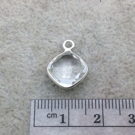 Sterling Silver Faceted Clear (Lab Created) Quartz Diamond Shaped Bezel Pendant - Measuring 10mm x 10mm - Sold Individually