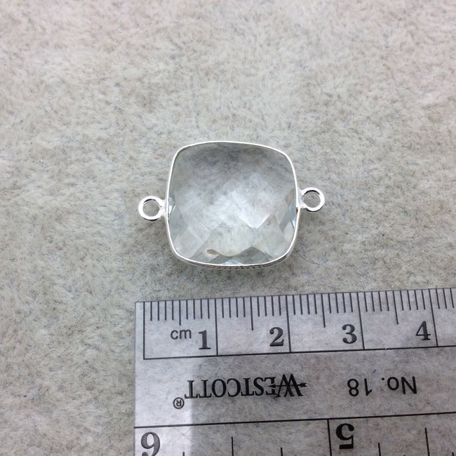 Sterling Silver Faceted Clear (Lab Created) Quartz Square Shaped Bezel Connector - Measuring 18mm x 18mm - Sold Individually