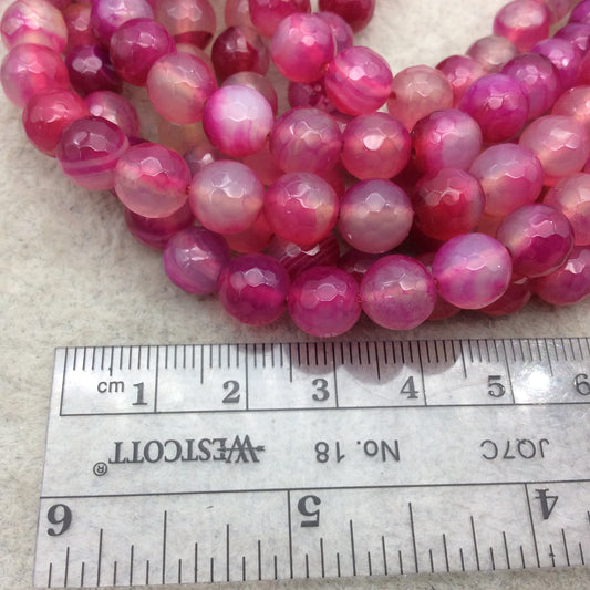 8mm Faceted Mixed Fuchsia Pink/Clear Agate Round/Ball Shaped Beads - 15" Strand (Approximately 48 Beads) - Natural Semi-Precious Gemstone