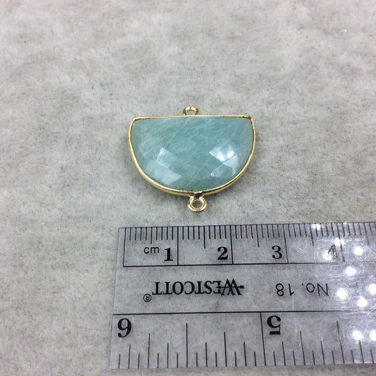 Gold Plated Natural Amazonite Faceted Half-Moon Shaped Copper Bezel Pendant/Connector - Measures 25mm x 20mm - Sold Individually, Random