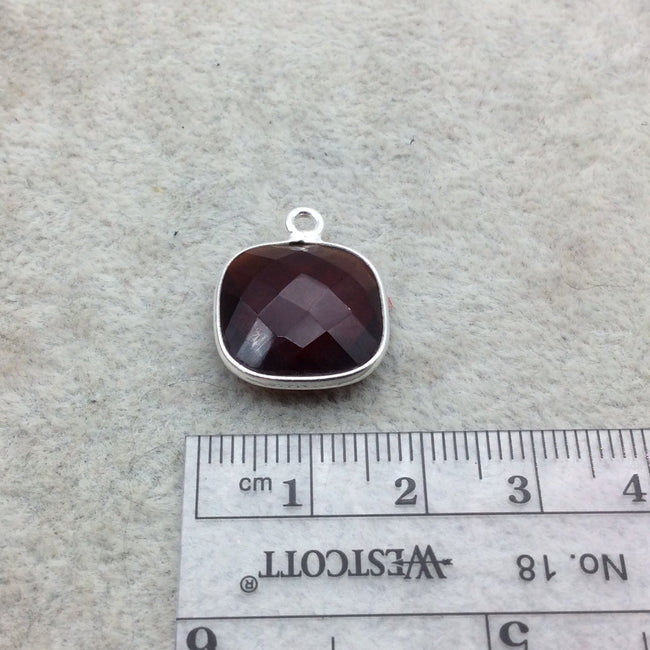 Sterling Silver Faceted Deepest Red (Lab Created) Quartz Square Shaped Bezel Pendant - Measuring 15mm x 15mm - Sold Individually