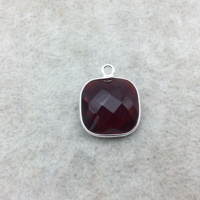 Sterling Silver Faceted Deepest Red (Lab Created) Quartz Square Shaped Bezel Pendant - Measuring 15mm x 15mm - Sold Individually