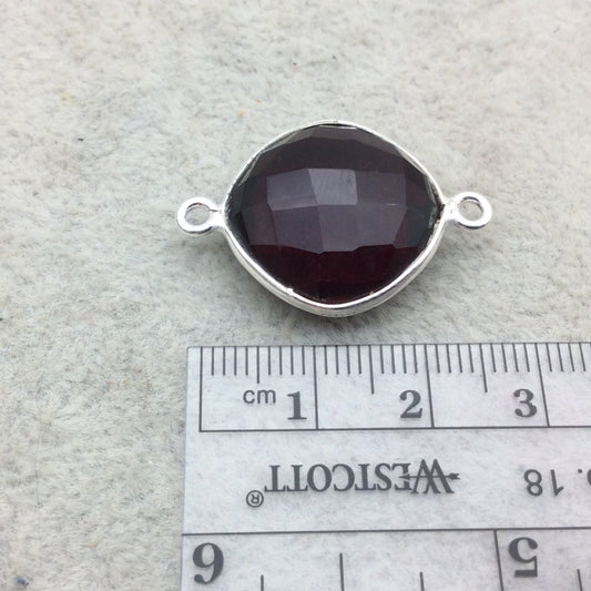 Sterling Silver Faceted Deepest Red (Lab Created) Quartz Diamond Shaped Bezel Connector - Measuring 18mm x 18mm - Sold Individually