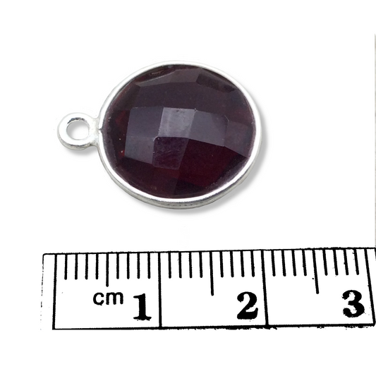Sterling Silver Faceted Deepest Red (Lab Created) Quartz Round Shaped Bezel Pendant - Measuring 15mm x 15mm - Sold Individually
