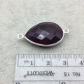 Sterling Silver Faceted Deepest Red (Lab Created) Quartz Teardrop Shaped Bezel Connector - Measuring 18mm x 25mm - Sold Individually