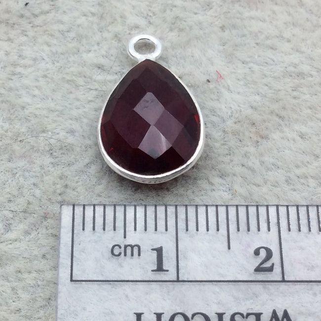 Sterling Silver Faceted Deepest Red (Lab Created) Quartz Teardrop Shaped Bezel Pendant - Measuring 10mm x 13mm - Sold Individually