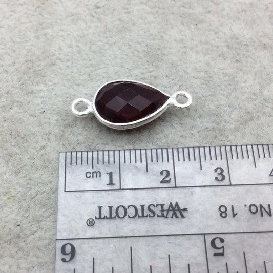 Sterling Silver Faceted Deepest Red (Lab Created) Quartz Teardrop Shaped Bezel Connector - Measuring 10mm x 13mm - Sold Individually