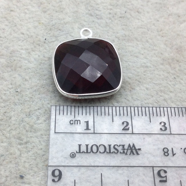 Sterling Silver Faceted Deepest Red (Lab Created) Quartz Square Shaped Bezel Pendant - Measuring 18mm x 18mm - Sold Individually