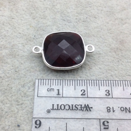 Sterling Silver Faceted Deepest Red (Lab Created) Quartz Square Shaped Bezel Connector - Measuring 18mm x 18mm - Sold Individually
