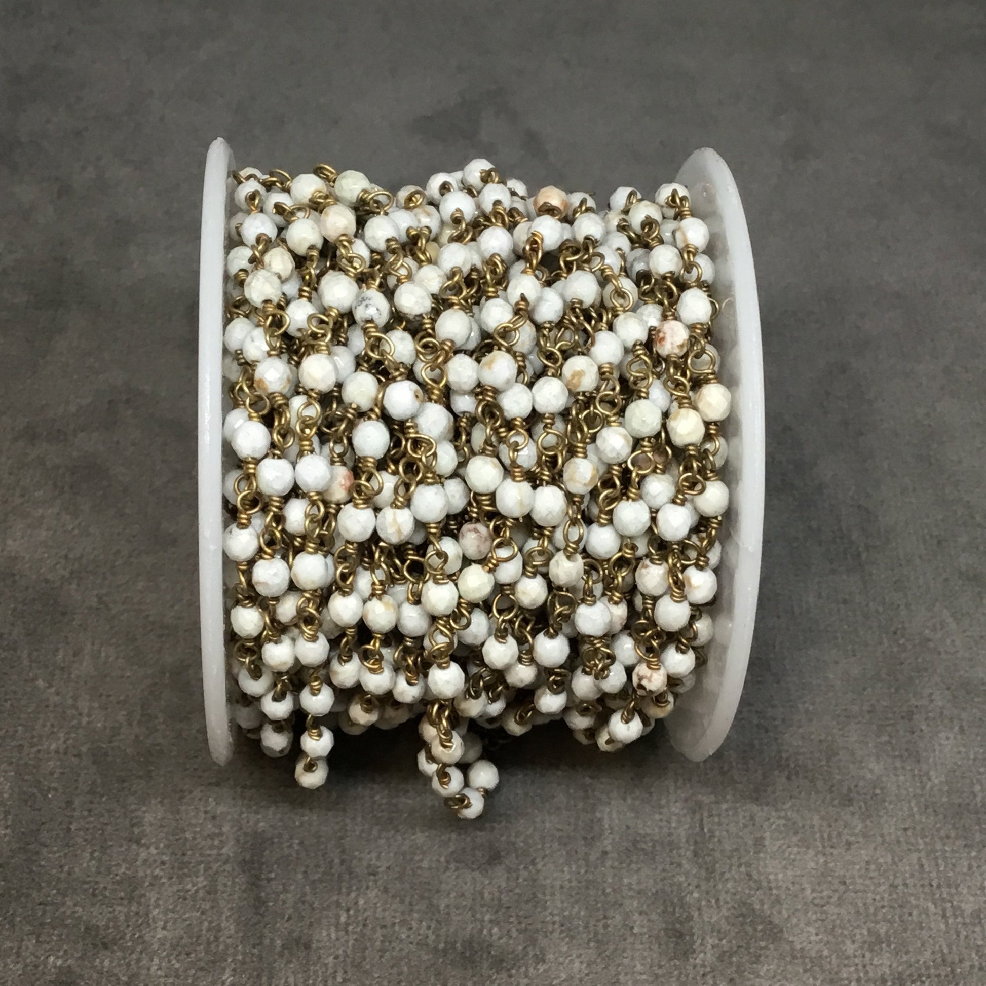 Brass Plated Copper Rosary Chain with 3mm Faceted Round Shaped White Buffalo Turquoise Beads - Sold by the Foot! - Natural Beaded Chain