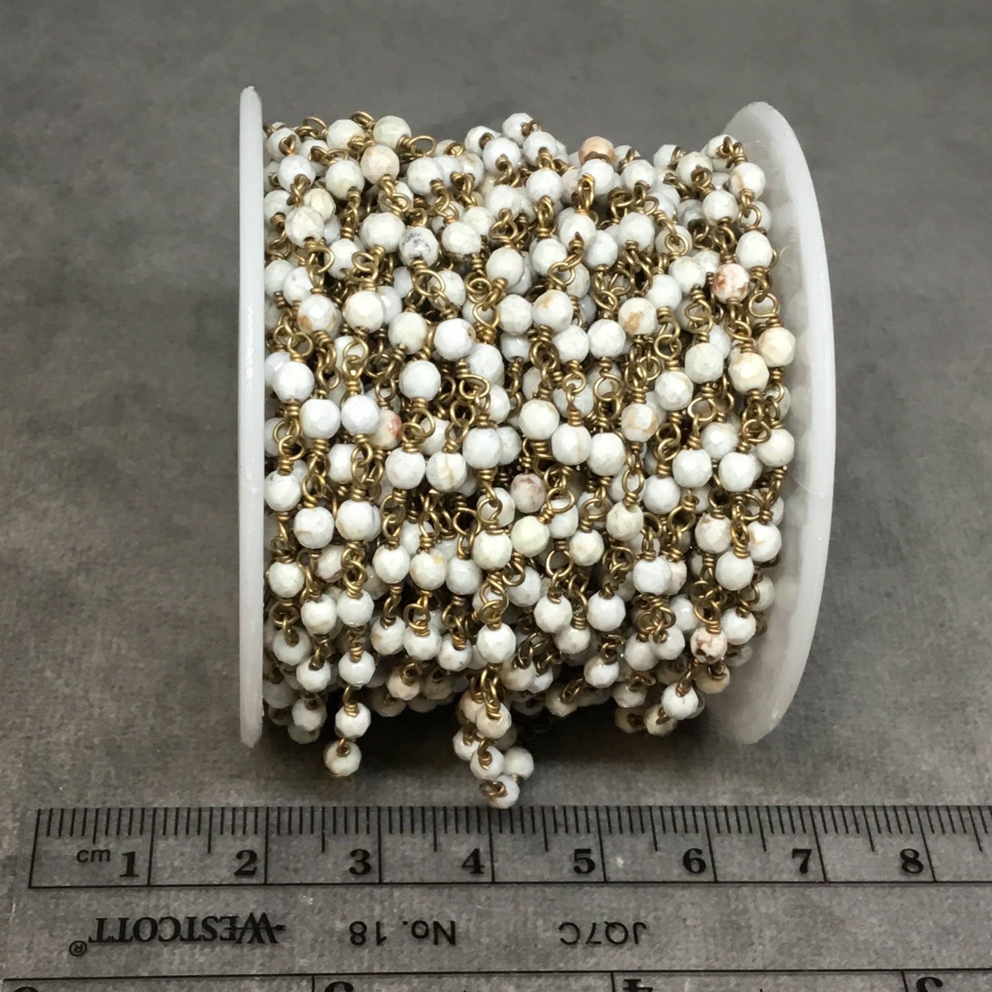 Brass Plated Copper Rosary Chain with 3mm Faceted Round Shaped White Buffalo Turquoise Beads - Sold by the Foot! - Natural Beaded Chain