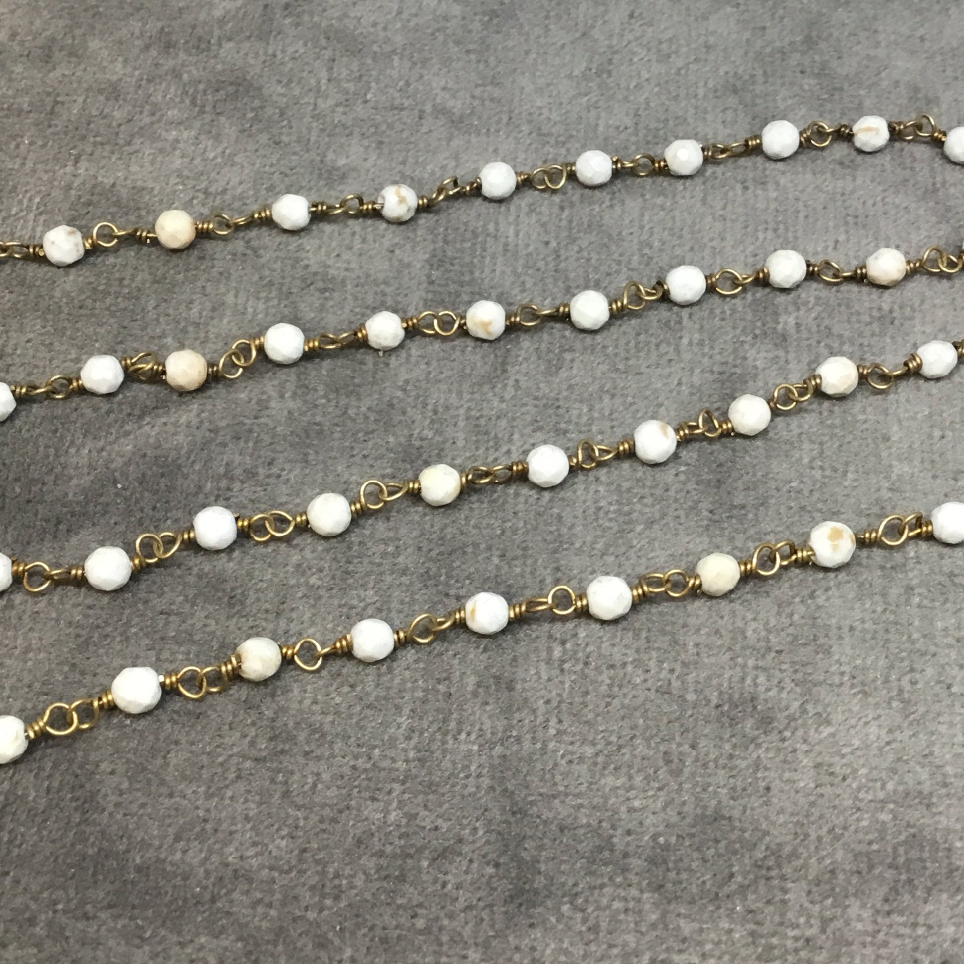 Brass Plated Copper Rosary Chain with 3mm Faceted Round Shaped White Buffalo Turquoise Beads - Sold by the Foot! - Natural Beaded Chain
