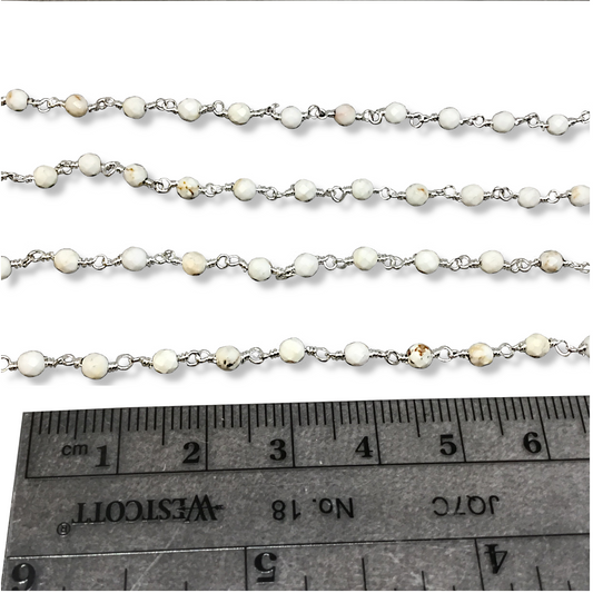 Silver Plated Copper Rosary Chain with 3mm Faceted Round Shaped White Buffalo Turquoise Beads - Sold by the Foot! - Natural Beaded Chain