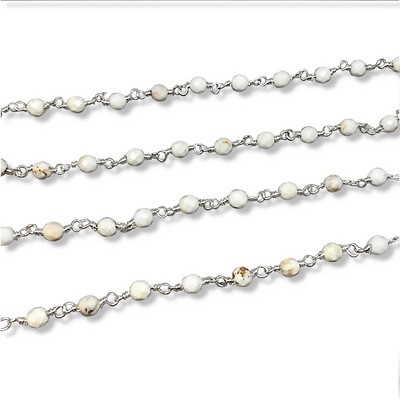 Silver Plated Copper Rosary Chain with 3mm Faceted Round Shaped White Buffalo Turquoise Beads - Sold by the Foot! - Natural Beaded Chain