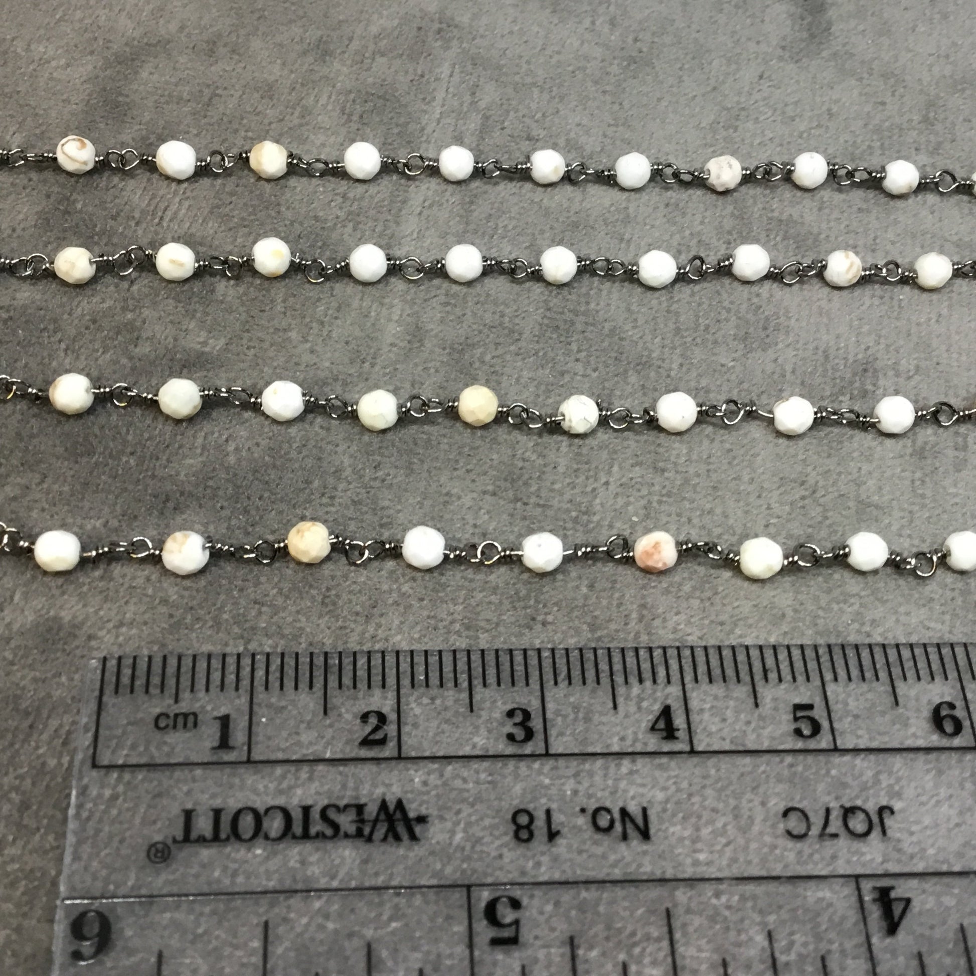 Gunmetal Plated Copper Rosary Chain with 3mm Faceted Round Shaped White Buffalo Turquoise Beads - Sold by the Foot! - Natural Beaded Chain