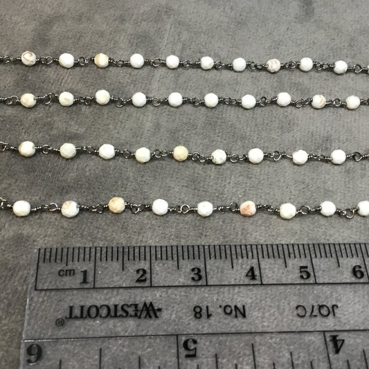 Gunmetal Plated Copper Rosary Chain with 3mm Faceted Round Shaped White Buffalo Turquoise Beads - Sold by the Foot! - Natural Beaded Chain
