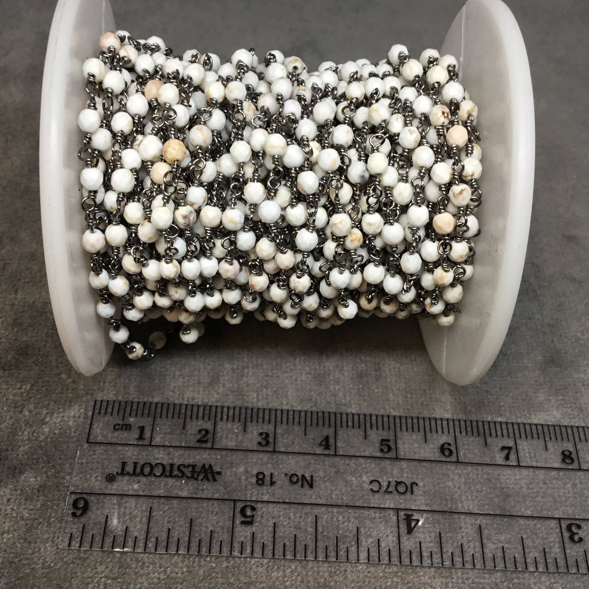 Gunmetal Plated Copper Rosary Chain with 3mm Faceted Round Shaped White Buffalo Turquoise Beads - Sold by the Foot! - Natural Beaded Chain