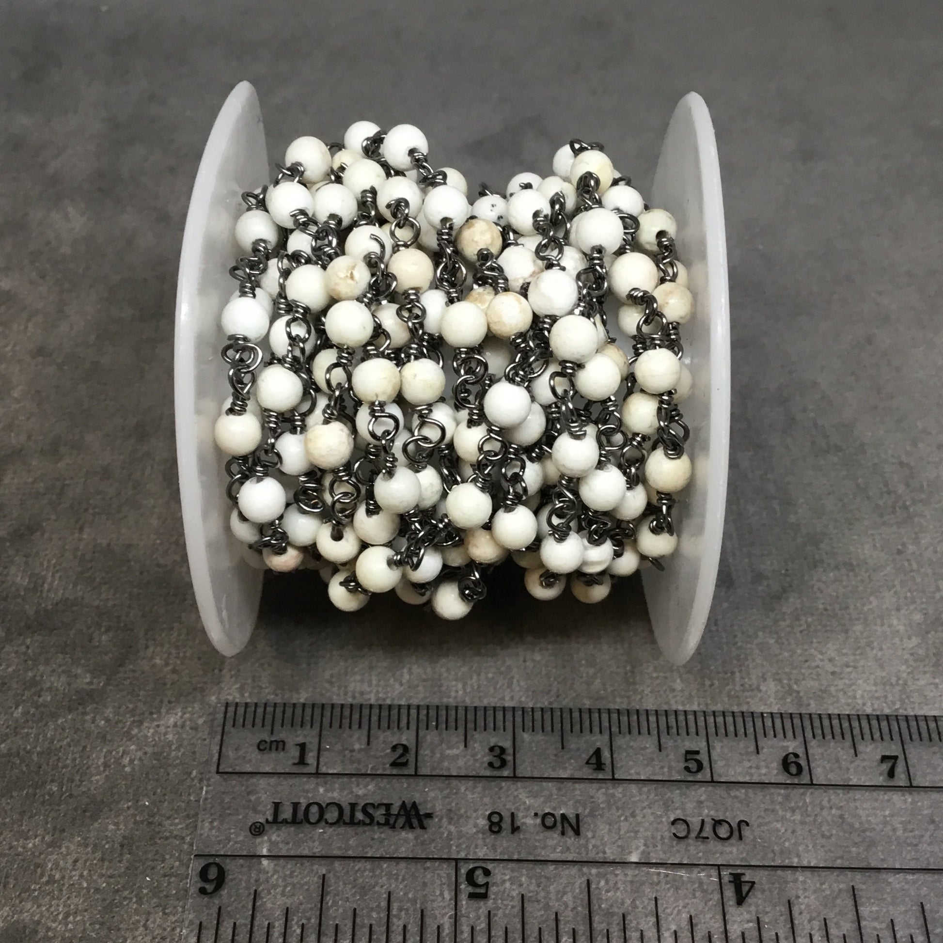 Gunmetal Plated Copper Rosary Chain with 4mm Smooth Round Shaped White Buffalo Turquoise Beads - Sold by the Foot! - Natural Beaded Chain