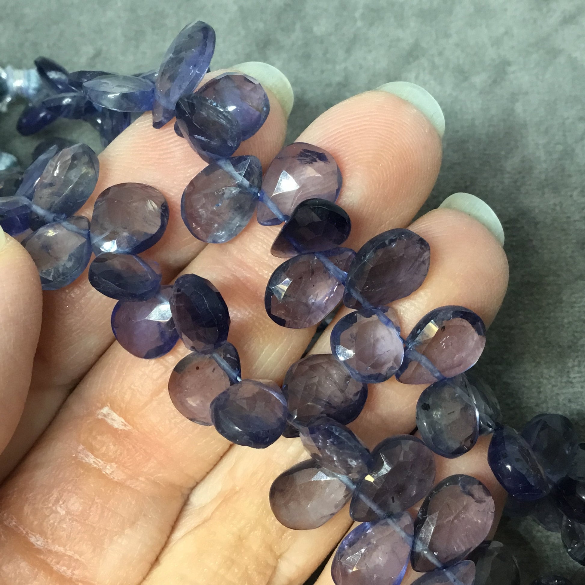 6-8mm x 8-10mm Faceted Pear/Teardrop Shaped Light Iolite Beads - 9" Strand ( ~48 Beads) - High Quality Hand-Cut Semi-Precious Gemstone