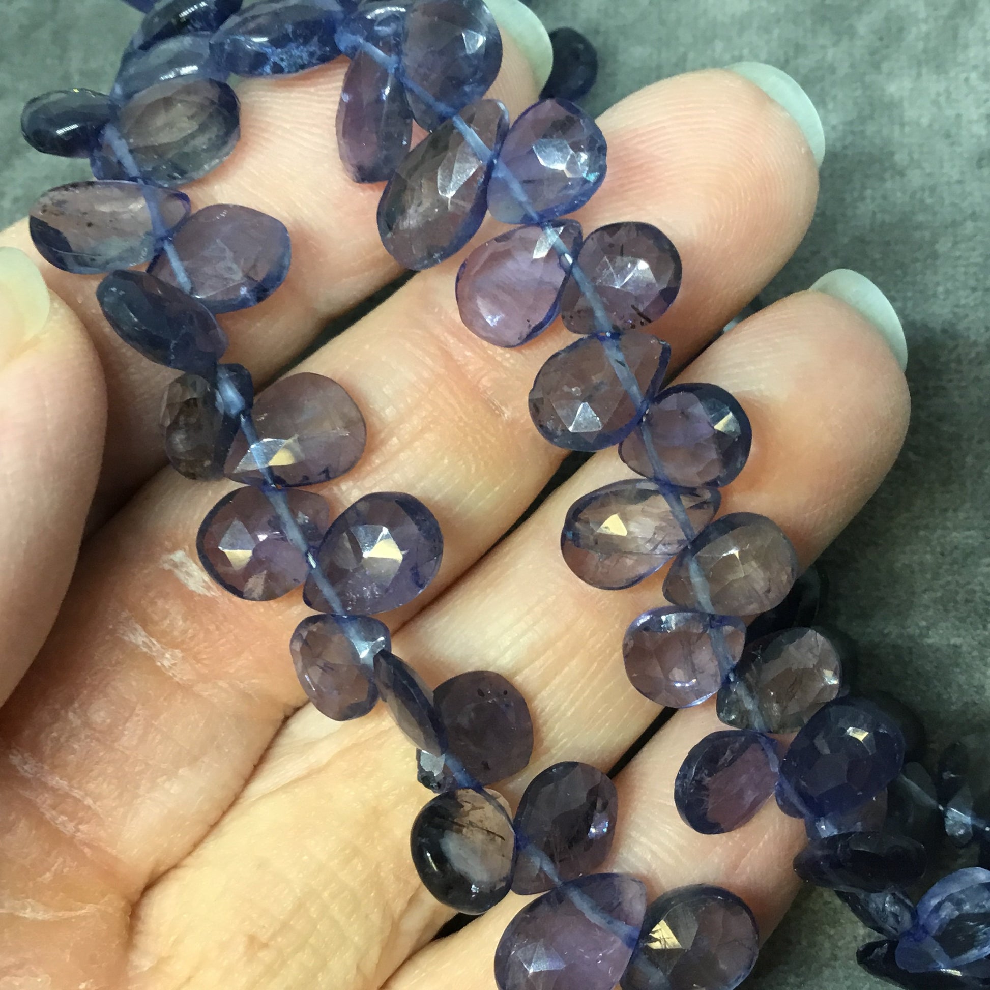 6-7mm x 8-9mm Faceted Pear/Teardrop Shaped Light Iolite Beads - 9" Strand ( ~54 Beads) - High Quality Hand-Cut Semi-Precious Gemstone